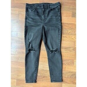American Eagle Womens 14 SHORT Black Super Hi-Rise Jegging Distressed Denim EUC‎